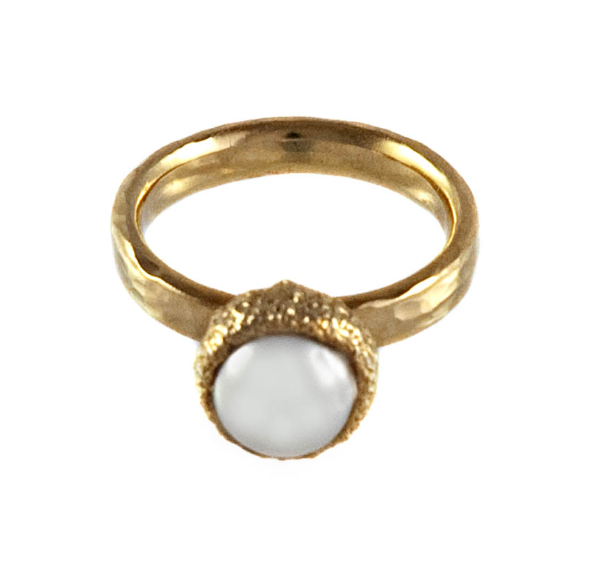 18ct gold acorn cup ring set with white pearl | Gemma Clarke Design